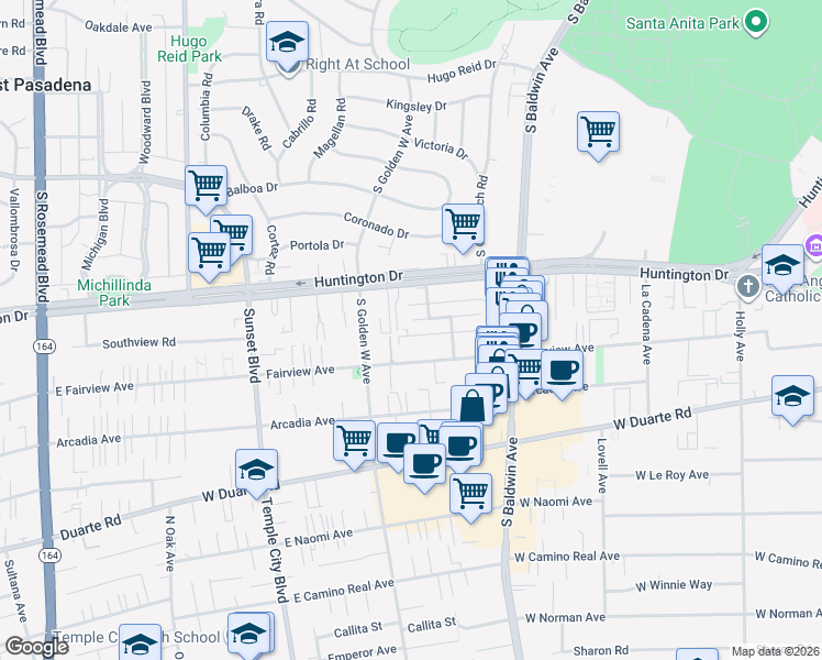 map of restaurants, bars, coffee shops, grocery stores, and more near 816 Southview Road in Arcadia