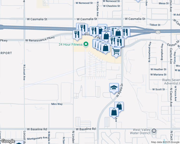 map of restaurants, bars, coffee shops, grocery stores, and more near 1702 Eagle Road in Rialto