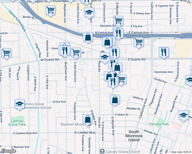 map of restaurants, bars, coffee shops, grocery stores, and more near 1925 Peck Road in Monrovia