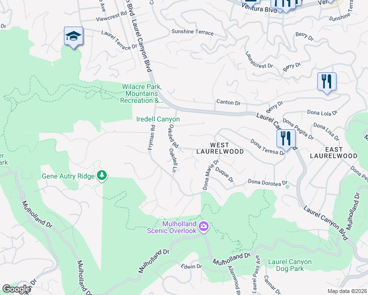 map of restaurants, bars, coffee shops, grocery stores, and more near 3243 Oakdell Road in Los Angeles