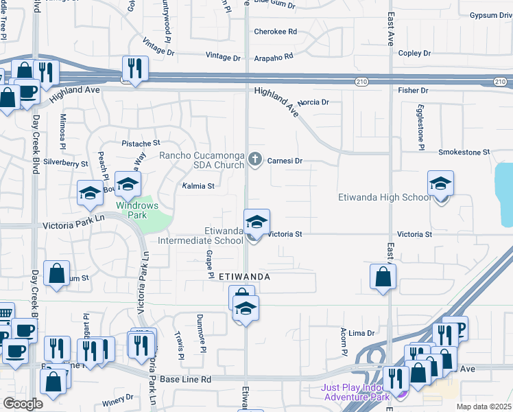 map of restaurants, bars, coffee shops, grocery stores, and more near 6829 Etiwanda Avenue in Rancho Cucamonga