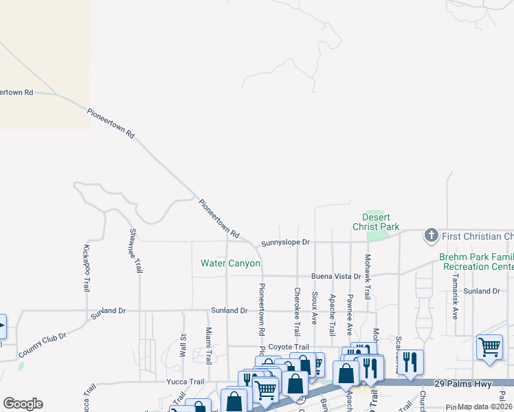map of restaurants, bars, coffee shops, grocery stores, and more near Sunnyslope Drive in Yucca Valley