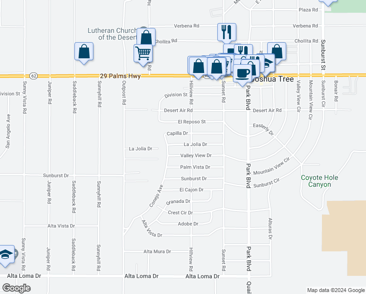 map of restaurants, bars, coffee shops, grocery stores, and more near 61537 La Jolla Drive in Joshua Tree