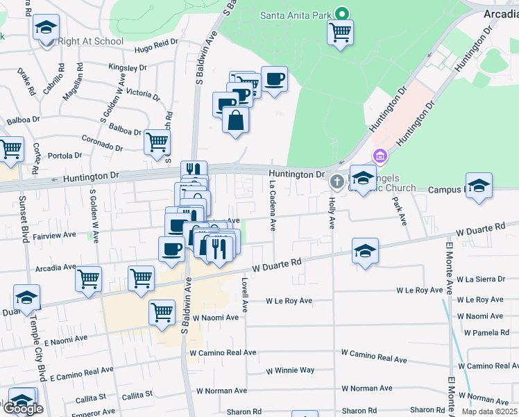 map of restaurants, bars, coffee shops, grocery stores, and more near in Arcadia