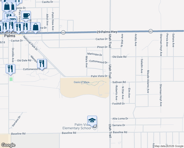 map of restaurants, bars, coffee shops, grocery stores, and more near 74338 Palm Vista Drive in Twentynine Palms