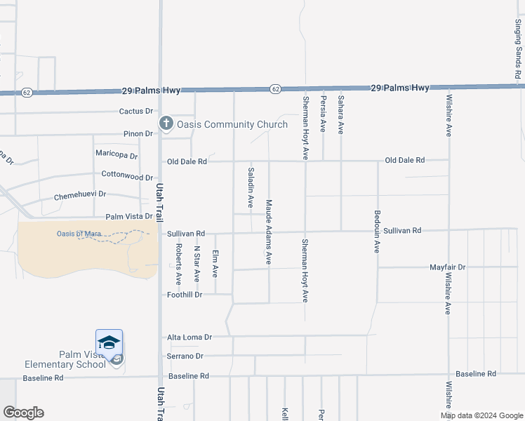 map of restaurants, bars, coffee shops, grocery stores, and more near Palm Vista Drive in Twentynine Palms