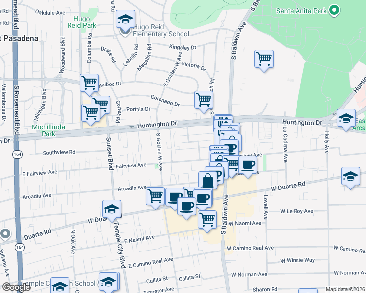 map of restaurants, bars, coffee shops, grocery stores, and more near 812 Southview Road in Arcadia