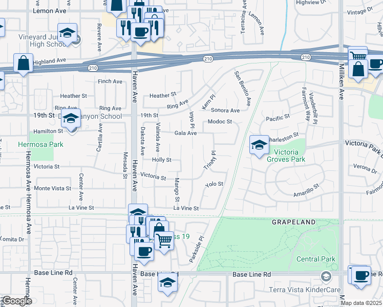 map of restaurants, bars, coffee shops, grocery stores, and more near 6829 Mango Street in Rancho Cucamonga