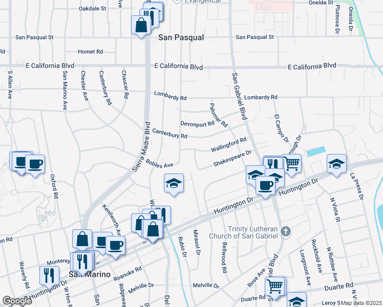 map of restaurants, bars, coffee shops, grocery stores, and more near 2610 Wallingford Road in San Marino