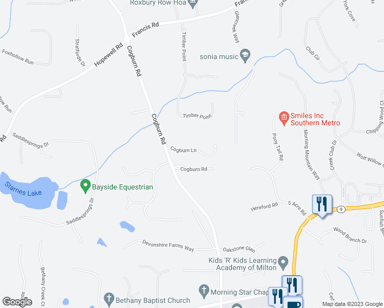 map of restaurants, bars, coffee shops, grocery stores, and more near 2725 Cogburn Lane in Alpharetta