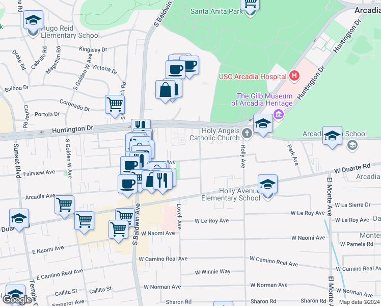 map of restaurants, bars, coffee shops, grocery stores, and more near 515 Fairview Avenue in Arcadia