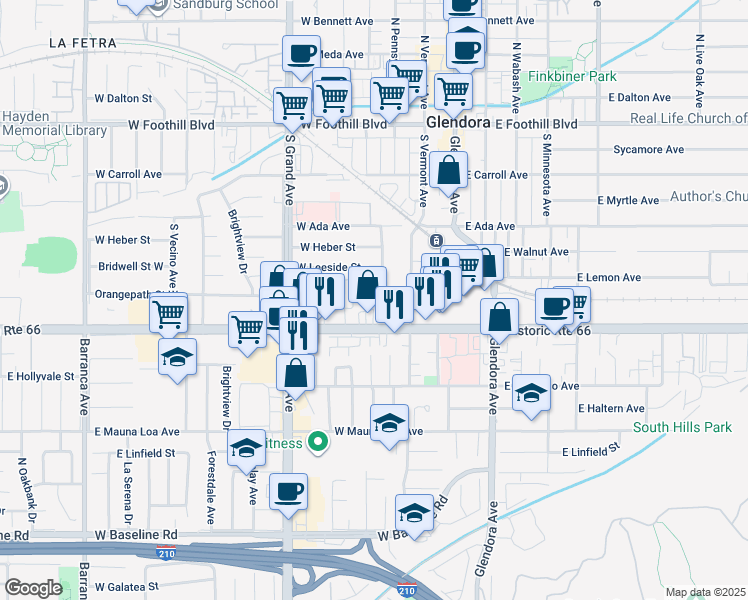 map of restaurants, bars, coffee shops, grocery stores, and more near 337 West Route 66 in Glendora