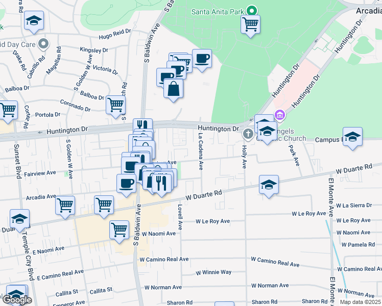 map of restaurants, bars, coffee shops, grocery stores, and more near in Arcadia