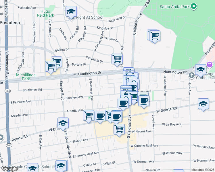 map of restaurants, bars, coffee shops, grocery stores, and more near 770 Southview Road in Arcadia