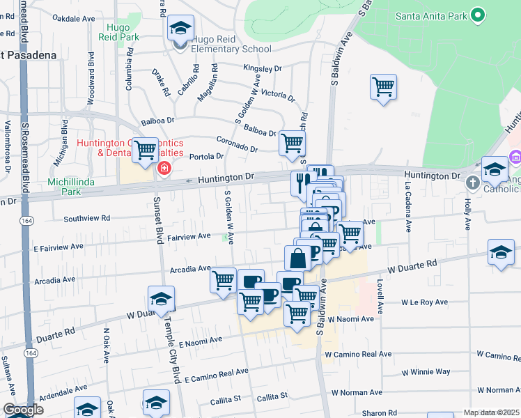 map of restaurants, bars, coffee shops, grocery stores, and more near 816 Southview Road in Arcadia