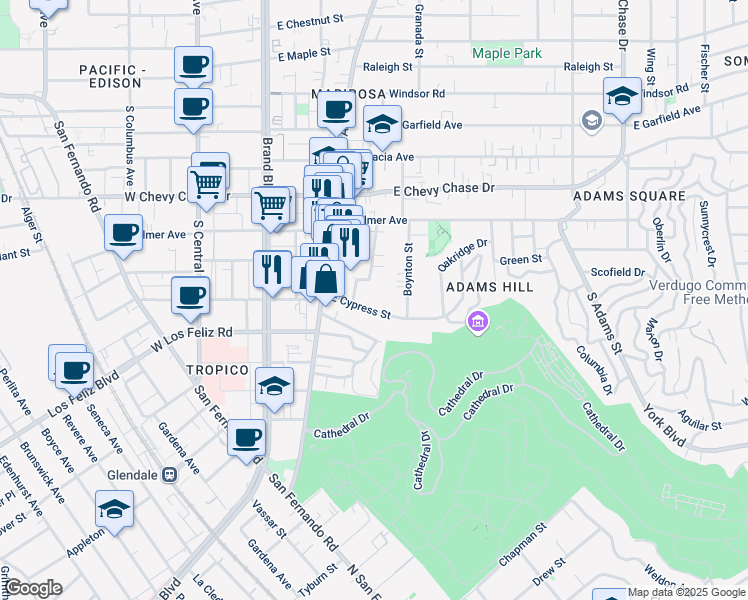 map of restaurants, bars, coffee shops, grocery stores, and more near 330 East Cypress Street in Glendale
