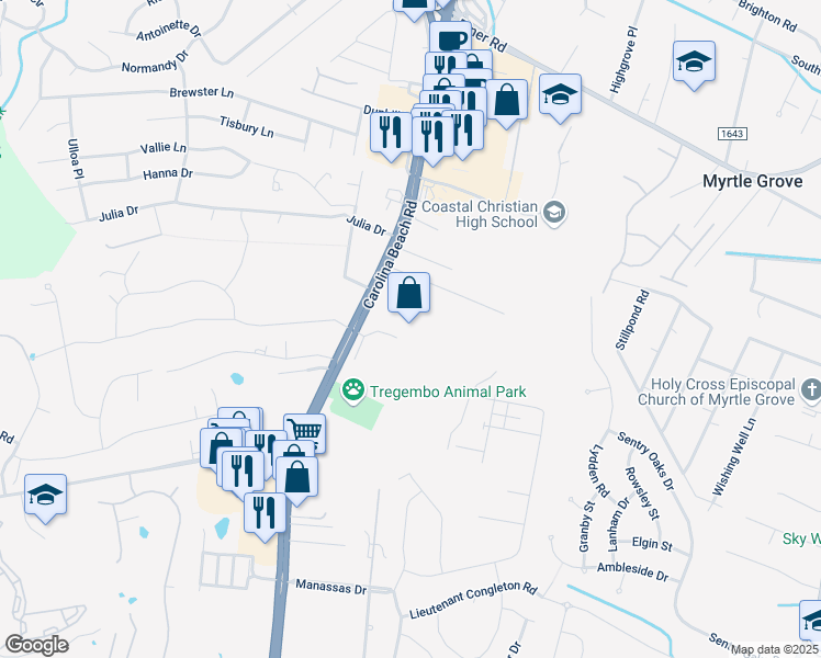 map of restaurants, bars, coffee shops, grocery stores, and more near 5717 Carolina Beach Road in Wilmington