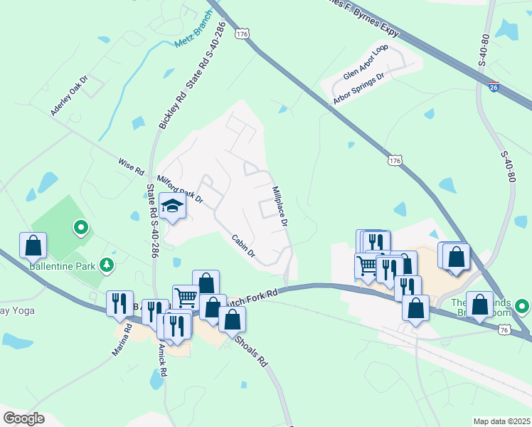 map of restaurants, bars, coffee shops, grocery stores, and more near 712 Millplace Loop in Irmo