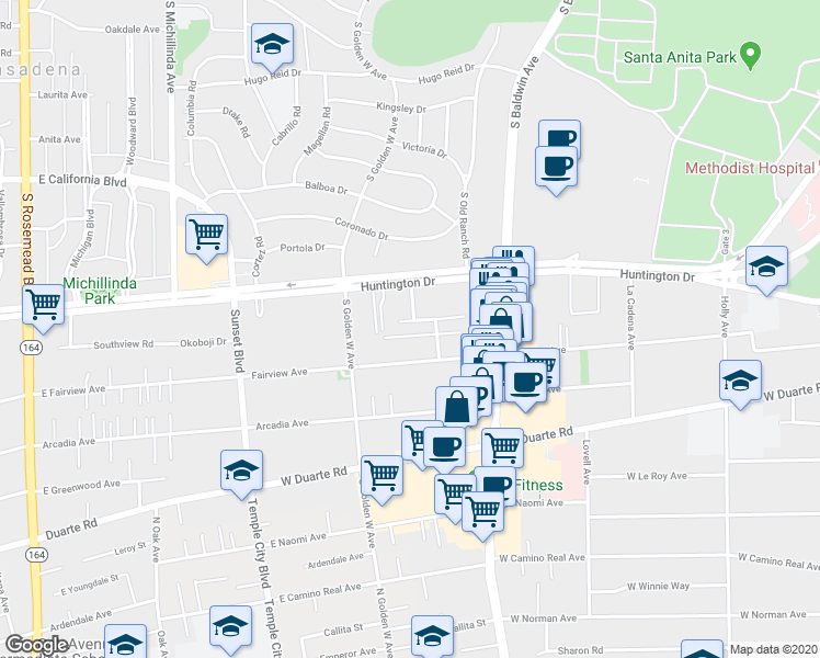 map of restaurants, bars, coffee shops, grocery stores, and more near 804 Southview Road in Arcadia