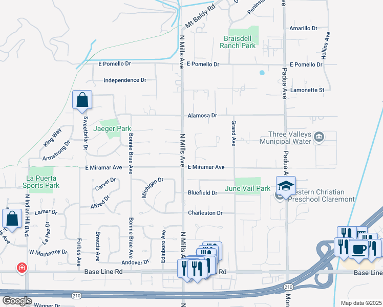 map of restaurants, bars, coffee shops, grocery stores, and more near 3351 Yankton Avenue in Claremont
