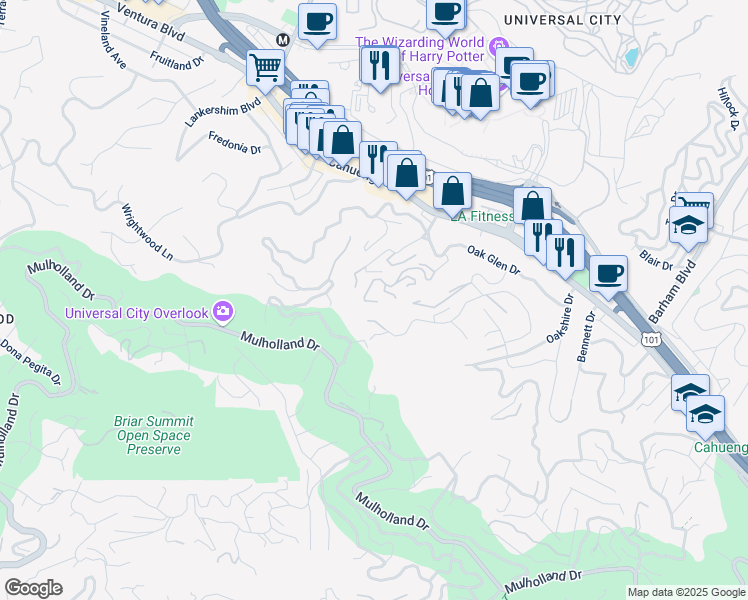 map of restaurants, bars, coffee shops, grocery stores, and more near 3200 Oakley Drive in Los Angeles