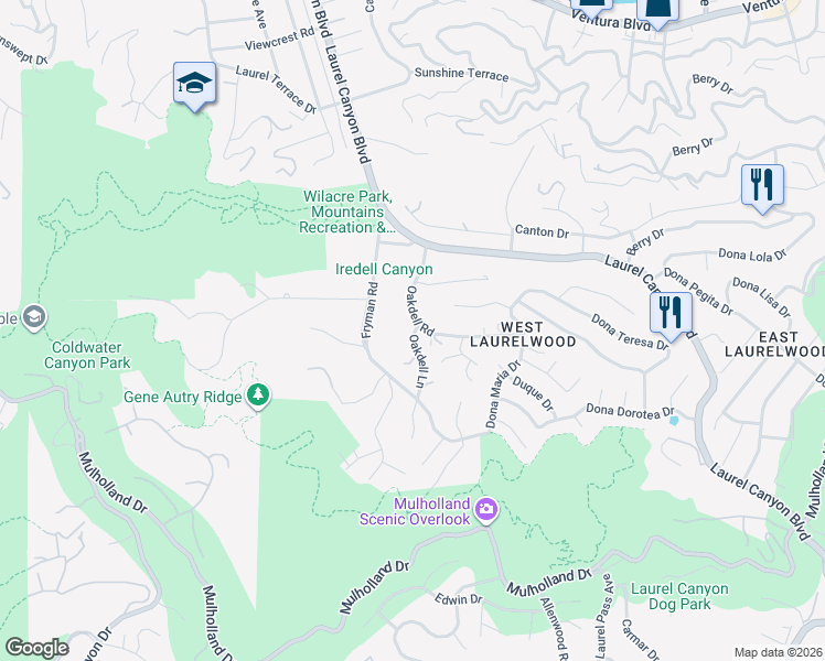 map of restaurants, bars, coffee shops, grocery stores, and more near 3275 Oakdell Lane in Los Angeles