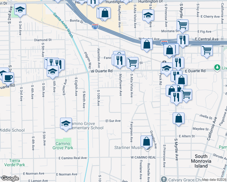 map of restaurants, bars, coffee shops, grocery stores, and more near 1111 El Norte Avenue in Arcadia