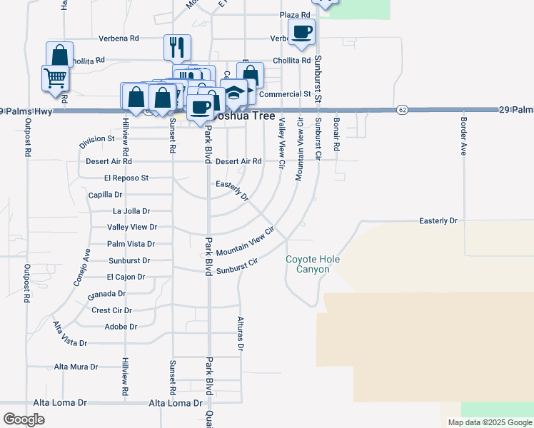 map of restaurants, bars, coffee shops, grocery stores, and more near 6783 Easterly Drive in Joshua Tree