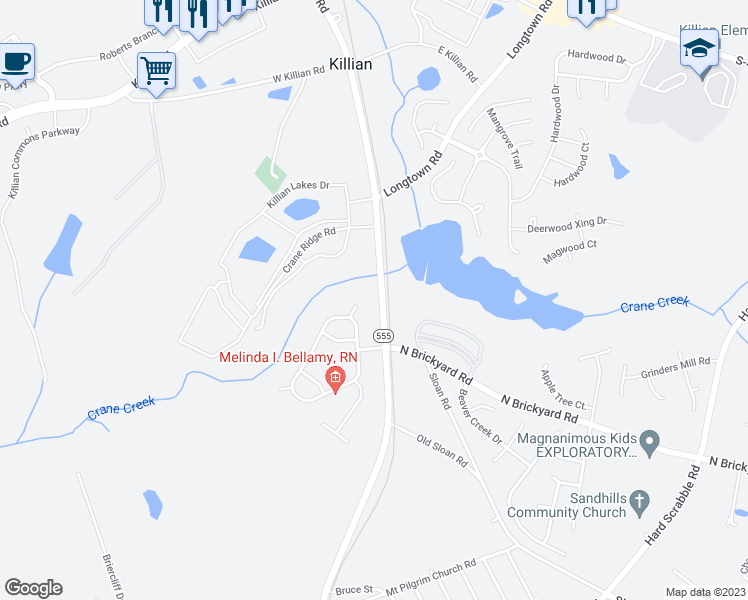 map of restaurants, bars, coffee shops, grocery stores, and more near 9535 Farrow Road in Columbia