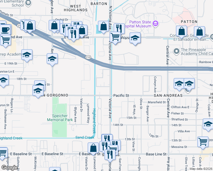 map of restaurants, bars, coffee shops, grocery stores, and more near 26472 Western Avenue in Highland