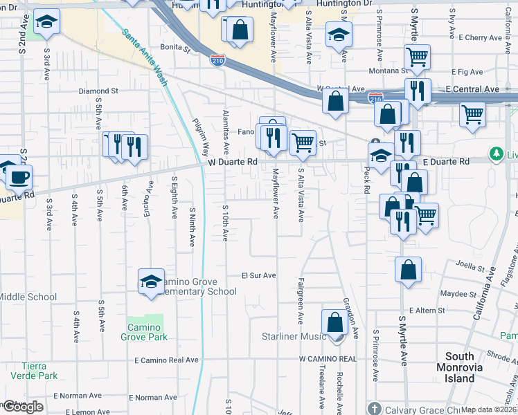 map of restaurants, bars, coffee shops, grocery stores, and more near 1111 El Norte Avenue in Arcadia