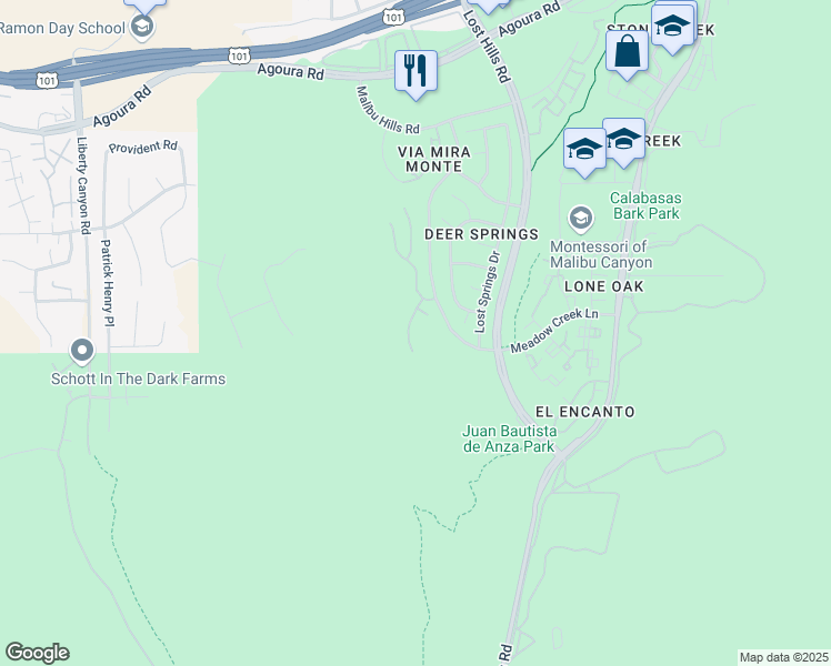 map of restaurants, bars, coffee shops, grocery stores, and more near 3832 Mountain Shadows Road in Agoura Hills