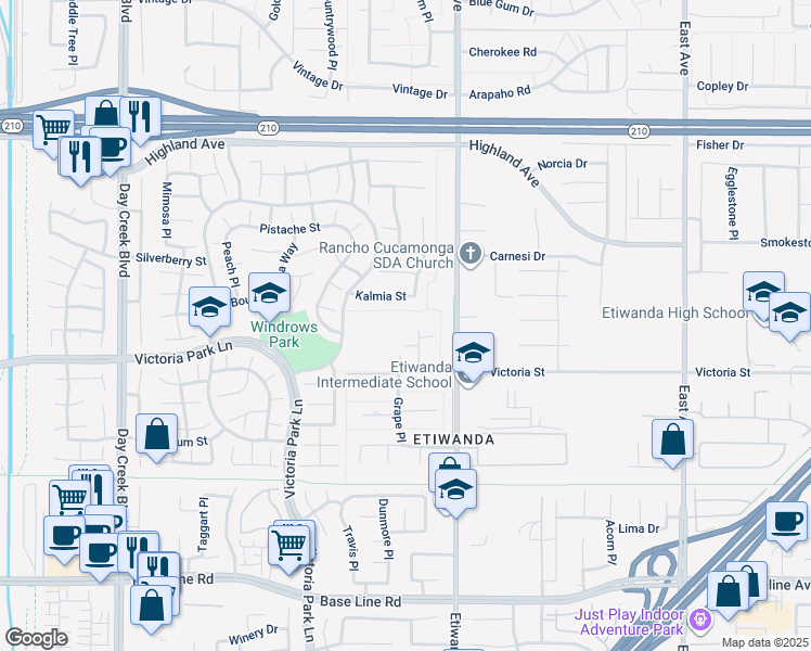 map of restaurants, bars, coffee shops, grocery stores, and more near 6822 Foxtail Court in Rancho Cucamonga