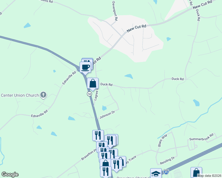 map of restaurants, bars, coffee shops, grocery stores, and more near 379 Johnson Drive in Braselton