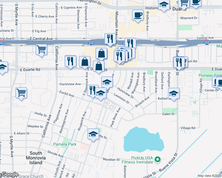 map of restaurants, bars, coffee shops, grocery stores, and more near 1900 Mountain Avenue in Duarte
