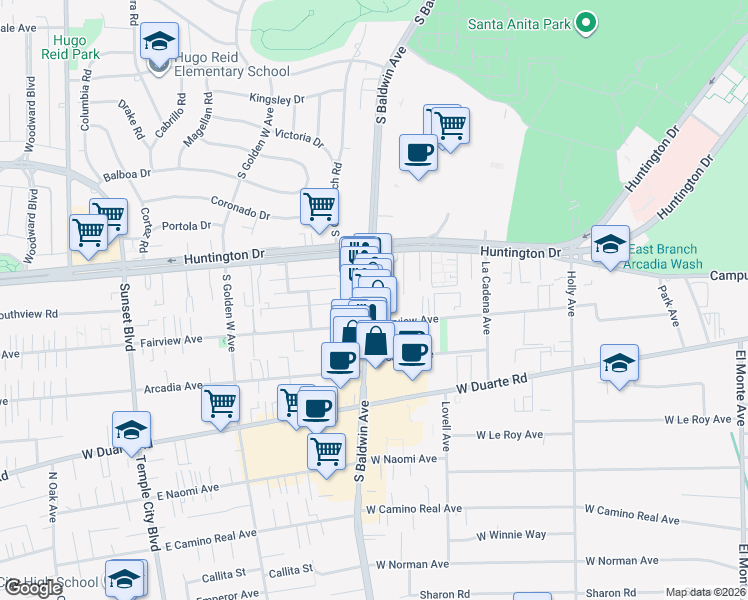 map of restaurants, bars, coffee shops, grocery stores, and more near 912 South Baldwin Avenue in Arcadia