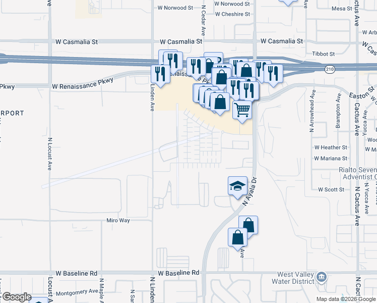 map of restaurants, bars, coffee shops, grocery stores, and more near Eagle Road in Rialto