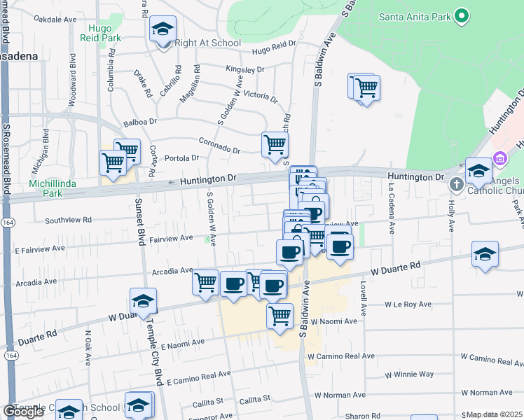 map of restaurants, bars, coffee shops, grocery stores, and more near 770 Southview Road in Arcadia