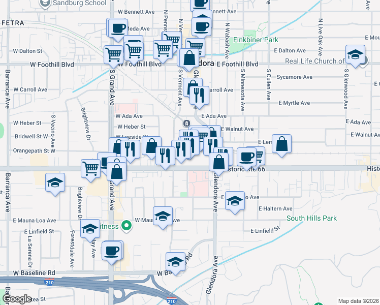 map of restaurants, bars, coffee shops, grocery stores, and more near 523 South Glendora Avenue in Glendora