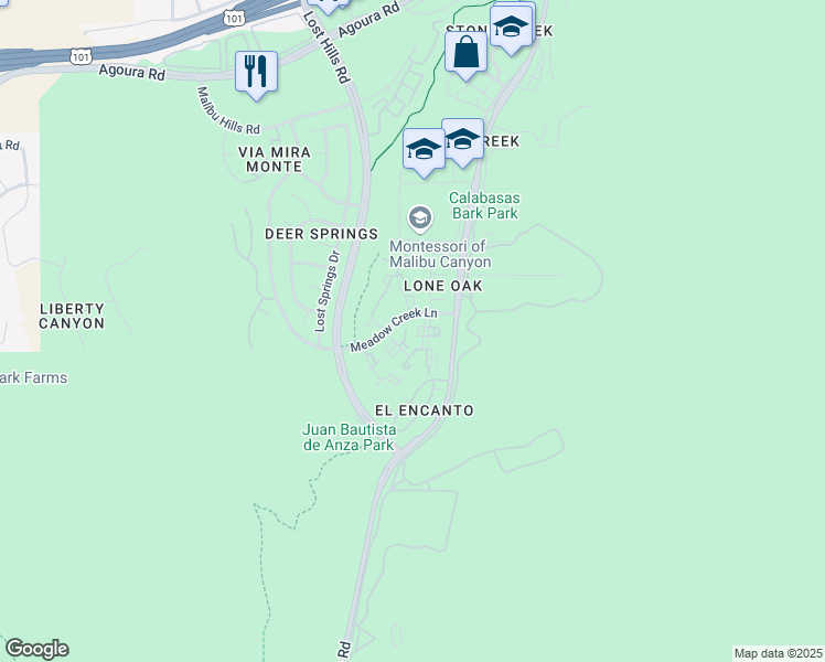 map of restaurants, bars, coffee shops, grocery stores, and more near 3847 Poppyseed Lane in Calabasas
