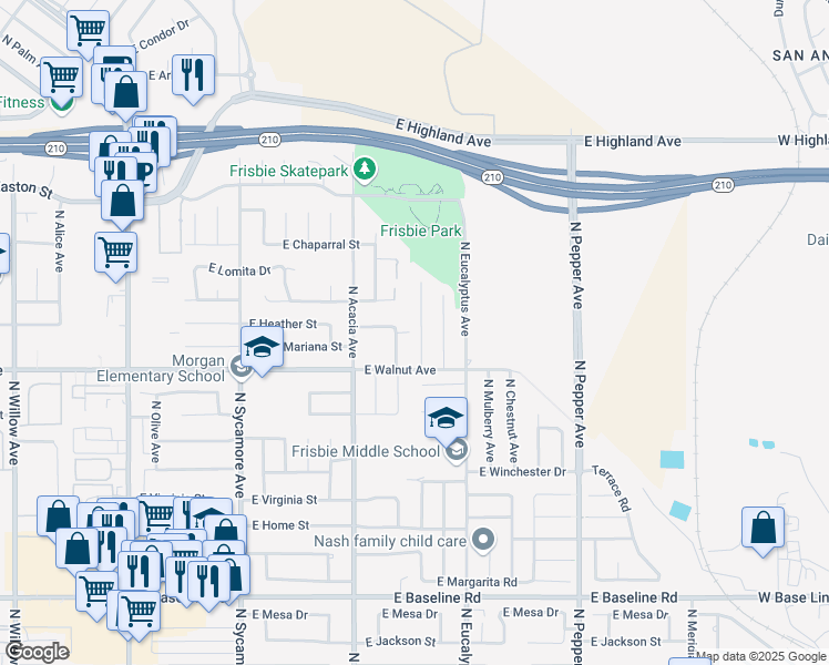 map of restaurants, bars, coffee shops, grocery stores, and more near 1670 North Primrose Avenue in Rialto