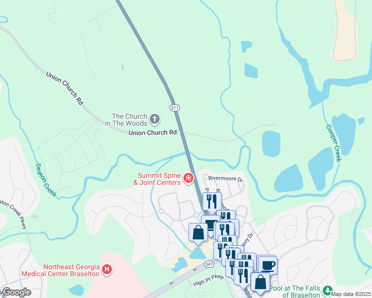map of restaurants, bars, coffee shops, grocery stores, and more near 5600 Old Winder Highway in Braselton