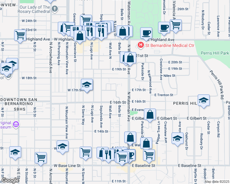 map of restaurants, bars, coffee shops, grocery stores, and more near 42 North Belle Street in San Bernardino