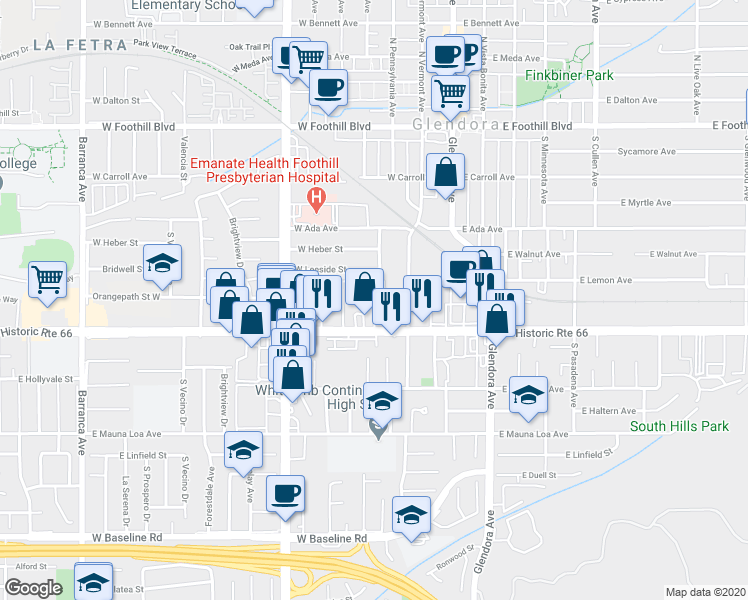 map of restaurants, bars, coffee shops, grocery stores, and more near 337 West Route 66 in Glendora
