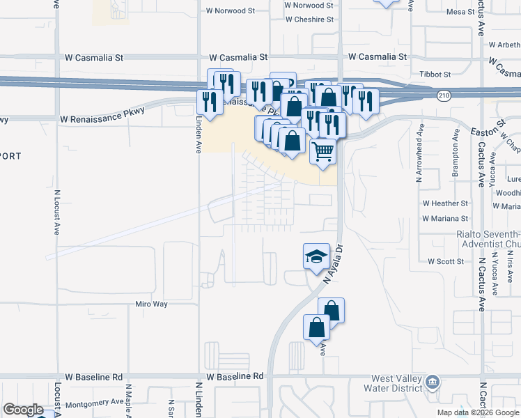 map of restaurants, bars, coffee shops, grocery stores, and more near Leiske Dr in Rialto