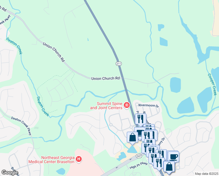 map of restaurants, bars, coffee shops, grocery stores, and more near 5920 Union Church Road in Braselton