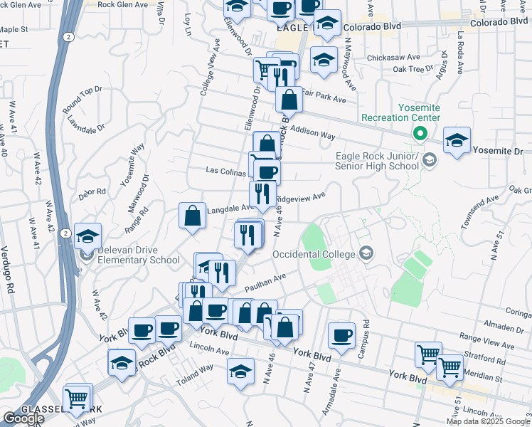 map of restaurants, bars, coffee shops, grocery stores, and more near 4680 North Eagle Rock Boulevard in Los Angeles