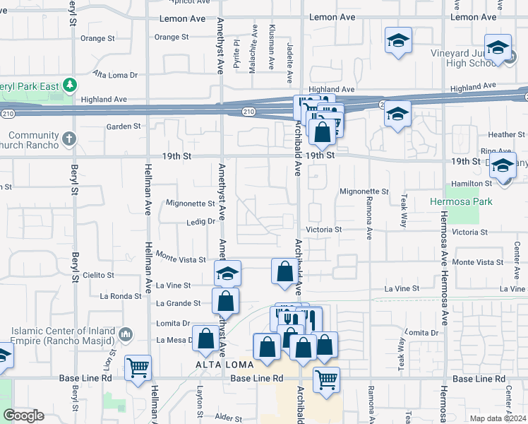 map of restaurants, bars, coffee shops, grocery stores, and more near in Rancho Cucamonga
