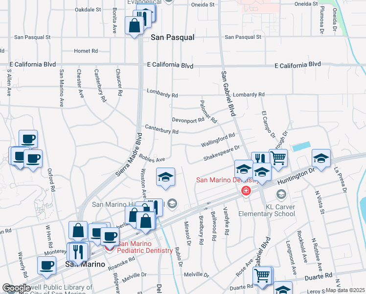 map of restaurants, bars, coffee shops, grocery stores, and more near 2610 Wallingford Road in San Marino