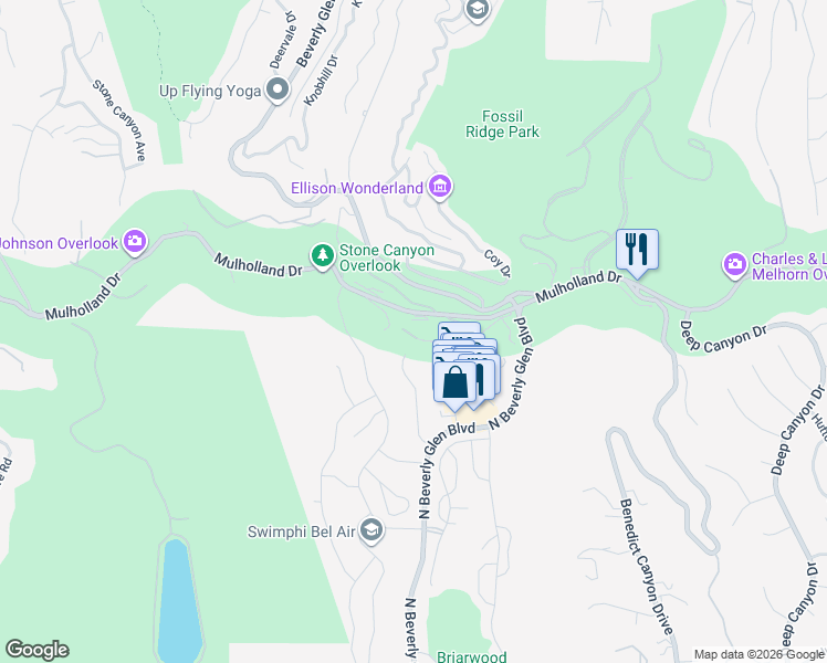 map of restaurants, bars, coffee shops, grocery stores, and more near 14380 Mulholland Drive in Los Angeles